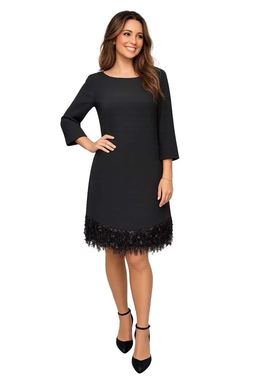 Kate Spade Fringe Hem Shift Dress Black 3/4 Sleeve Size 12 Cocktail